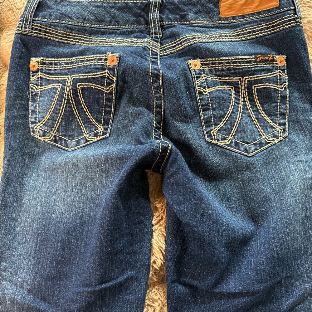 Seven7 Dark Blue Boot Cut Women's Jeans with Contrast Pocket Stitching stretch